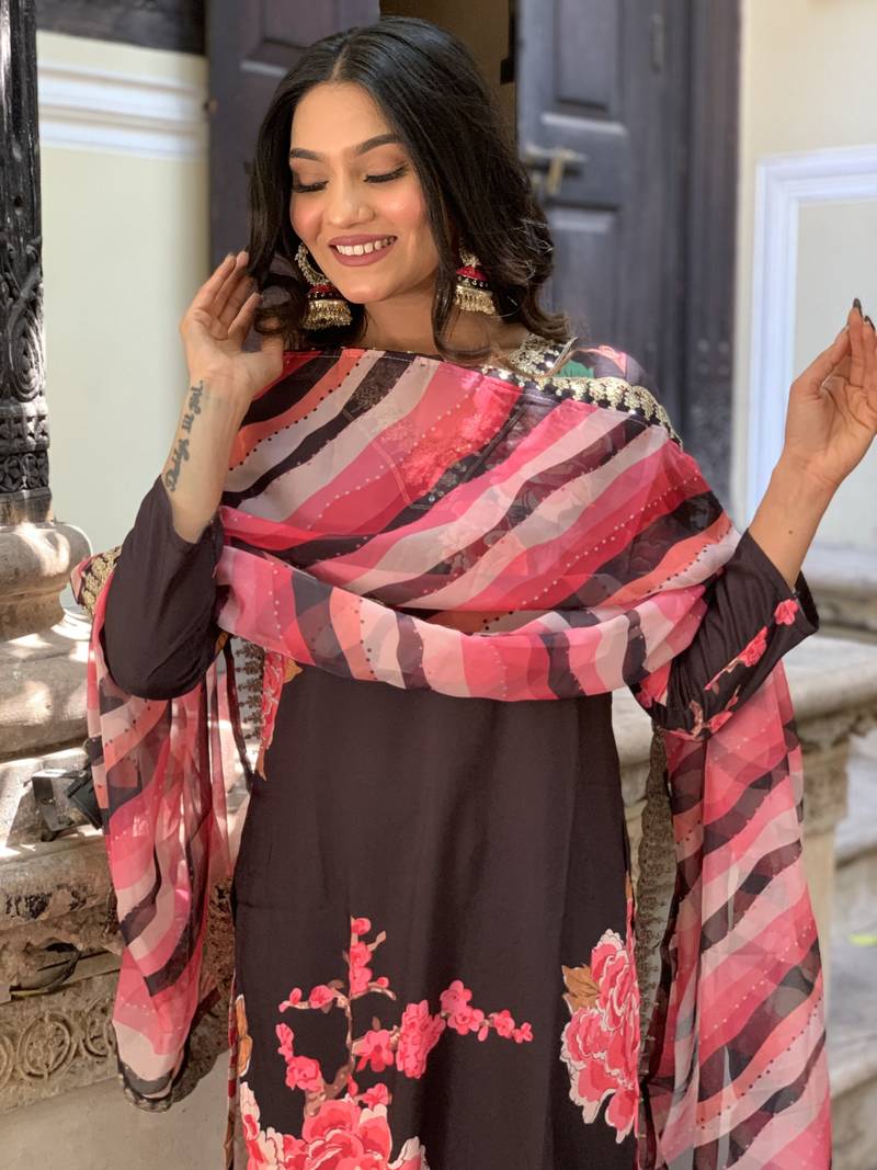 Black Muslin Fabric Printed and Embroidered work Straight cut Kurta Pant and Dupatta Set