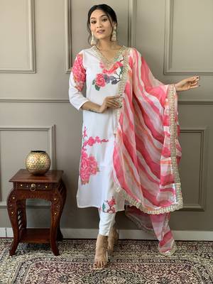 White Muslin Fabric Printed and Embroidered work Straight cut Kurta Pant and Dupatta Set 1