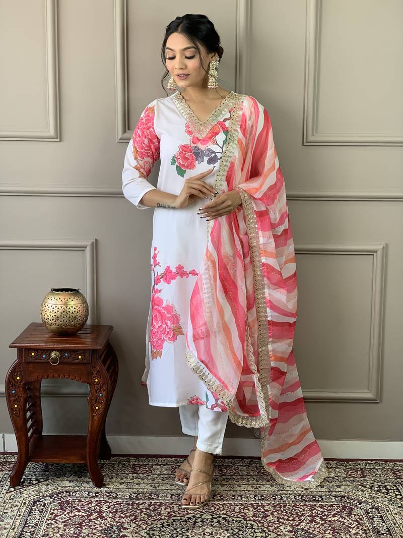 White Muslin Fabric Printed and Embroidered work Straight cut Kurta Pant and Dupatta Set