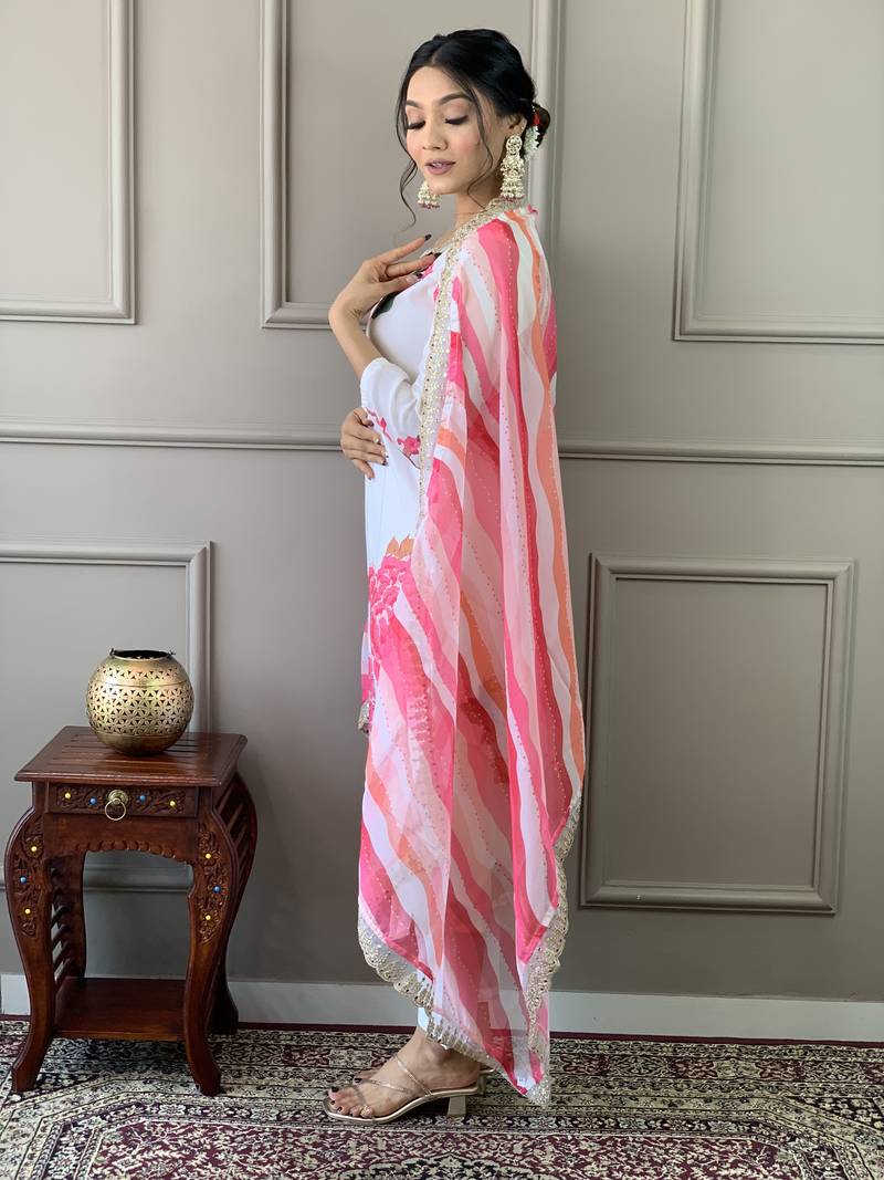 White Muslin Fabric Printed and Embroidered work Straight cut Kurta Pant and Dupatta Set