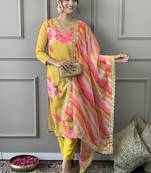 Yellow Muslin Fabric Printed and Embroidered work Straight cut Kurta Pant and Dupatta Set