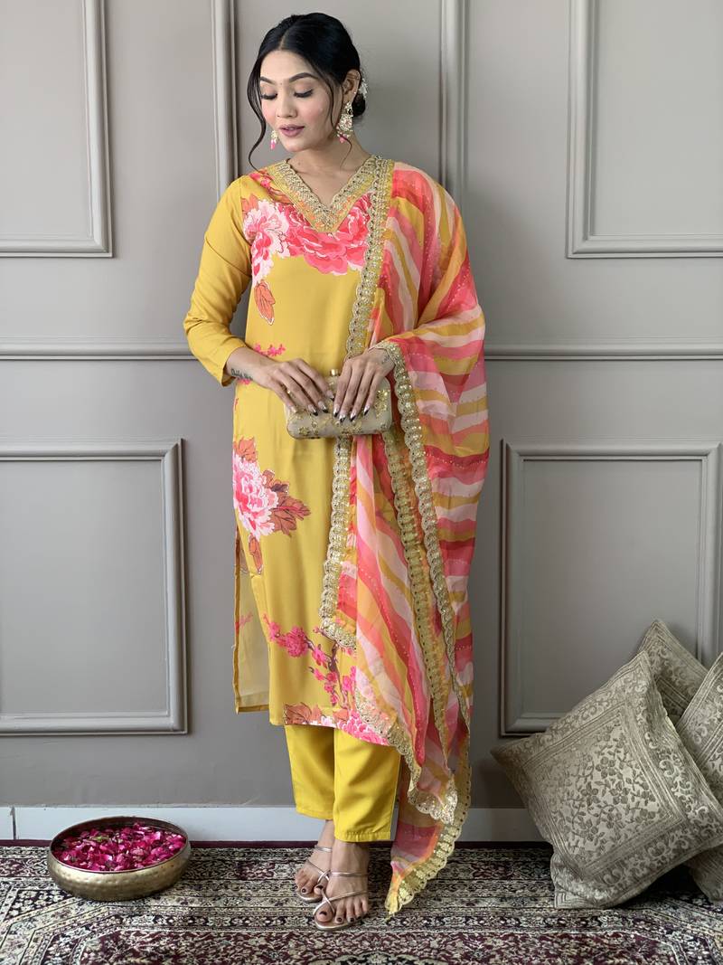 Yellow Muslin Fabric Printed and Embroidered work Straight cut Kurta Pant and Dupatta Set