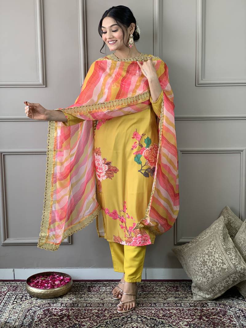 Yellow Muslin Fabric Printed and Embroidered work Straight cut Kurta Pant and Dupatta Set