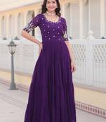 Purple faux blooming  embroidery zari sequins gown