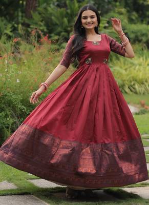 Maroon banarasi jacquard silk designer weaving gown 1