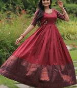 Maroon banarasi jacquard silk designer weaving gown