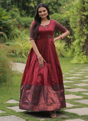 Maroon banarasi jacquard silk designer weaving gown 2