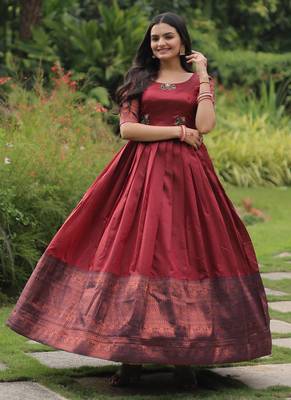 Maroon banarasi jacquard silk designer weaving gown 3