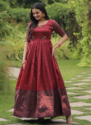 Maroon banarasi jacquard silk designer weaving gown 4