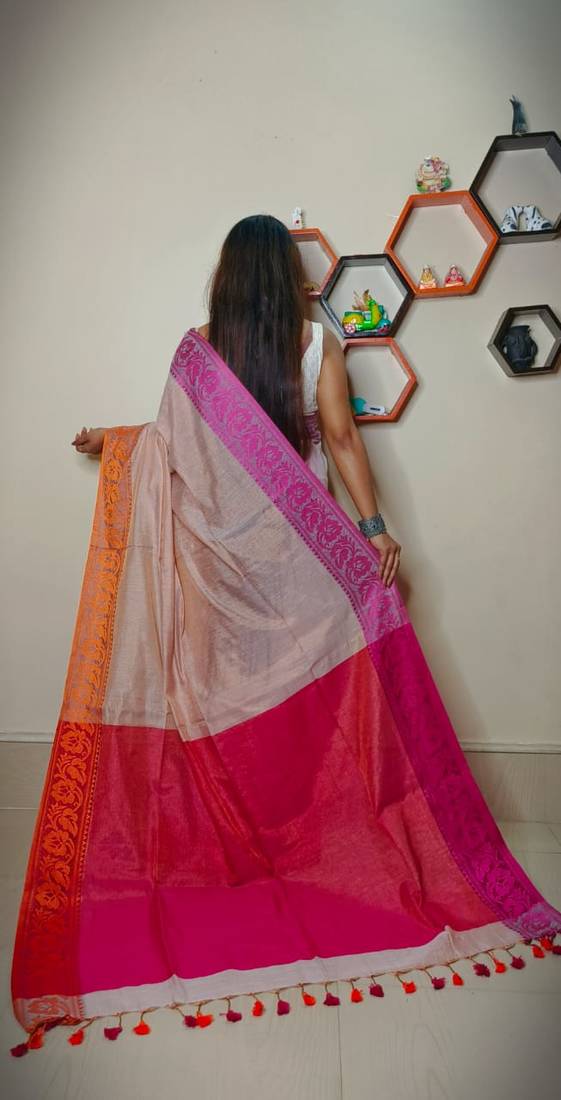 Elegant Cream Tissue Khadi Cotton Saree With Blouse Piece