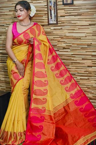 Elegant Yellow Tissue Khadi Cotton Saree With Blouse Piece