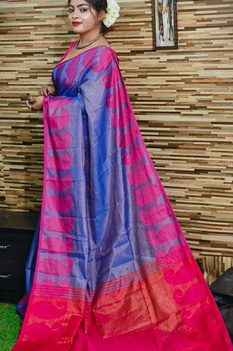 Elegant Blue Tissue Khadi Cotton Saree With Blouse Piece