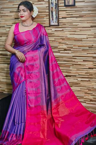 Elegant Violet Tissue Khadi Cotton Saree With Blouse Piece