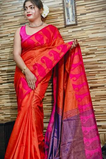 Elegant Orange Tissue Khadi Cotton Saree With Blouse Piece