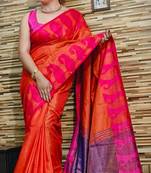 Elegant Orange Tissue Khadi Cotton Saree With Blouse Piece