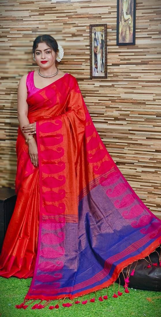 Elegant Orange Tissue Khadi Cotton Saree With Blouse Piece