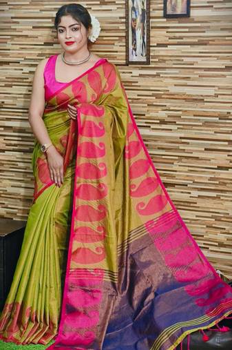 Elegant Golden Tissue Khadi Cotton Saree With Blouse Piece