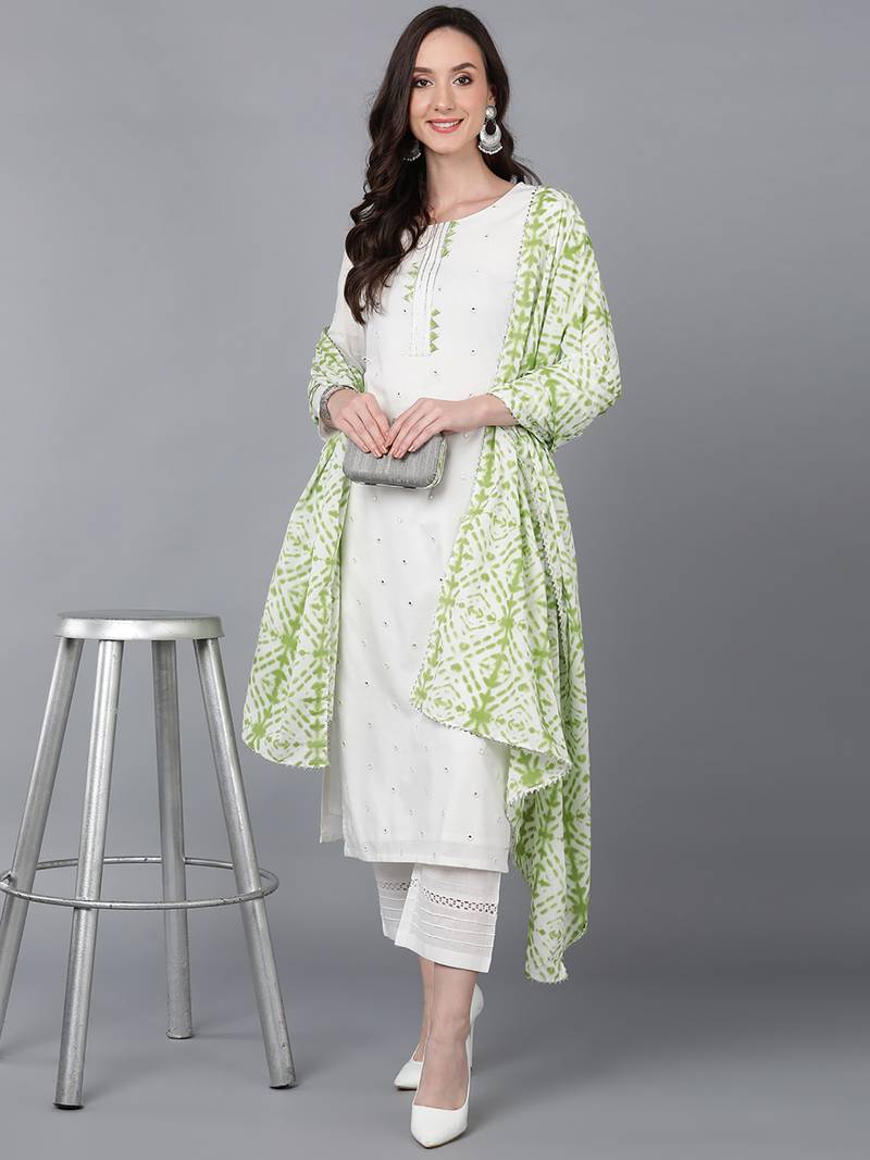 white color solid pure cotton styles kurta trouser with dupatta