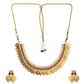 Piah fashion long & short temple coin gini brass high gold 
plated combo half bridle necklace set for women & girls-8098 1