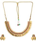 Piah fashion long & short temple coin gini brass high gold 
plated combo half bridle necklace set for women & girls-8098