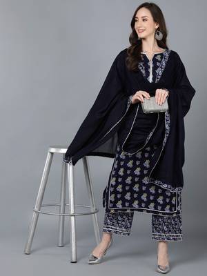 navy blue color printed pure cotton styles kurta palazzo with dupatta 5