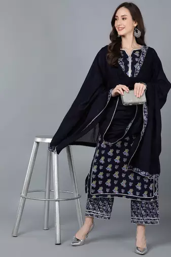 navy blue color printed pure cotton styles kurta palazzo with dupatta