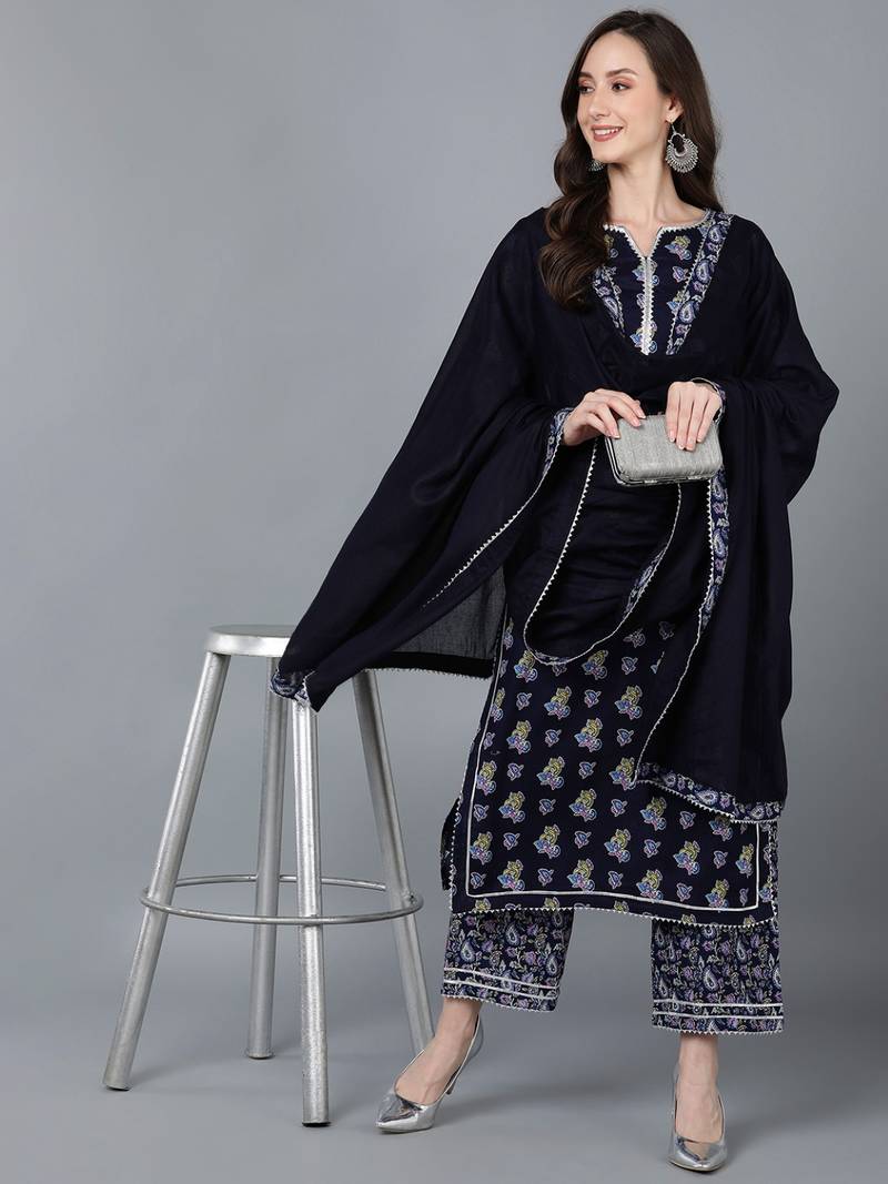 navy blue color printed pure cotton styles kurta palazzo with dupatta