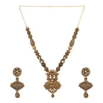 Piah fashion long alloy antique (oxidised) gold plated, traditional designer necklace set  for women & girls -8105 1