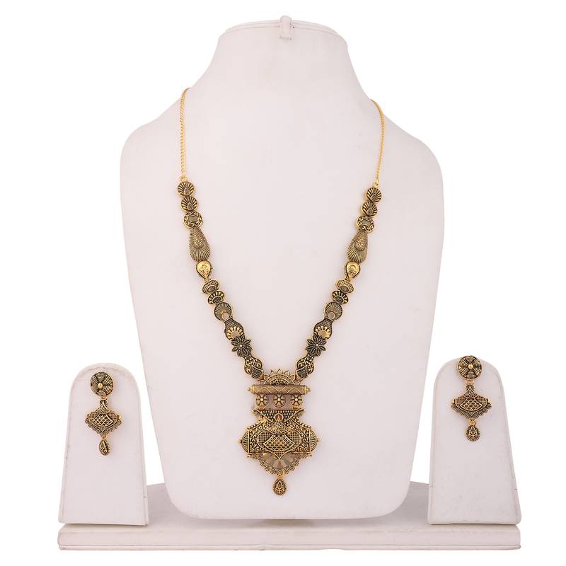 Piah fashion long alloy antique (oxidised) gold plated, traditional designer necklace set  for women & girls -8105