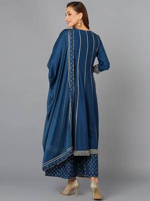 teal color embroidered silk blend styles kurta palazzo with dupatta 5