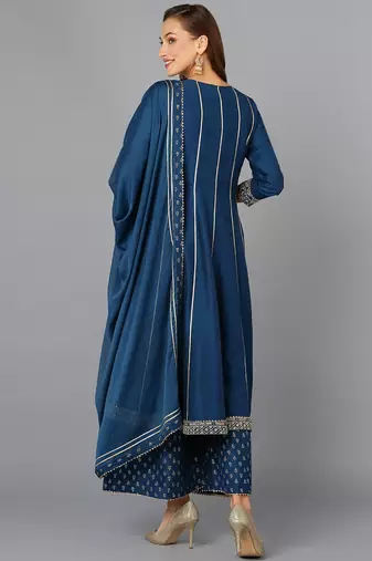 teal color embroidered silk blend styles kurta palazzo with dupatta