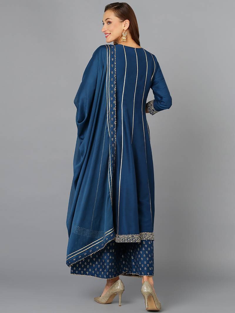 teal color embroidered silk blend styles kurta palazzo with dupatta