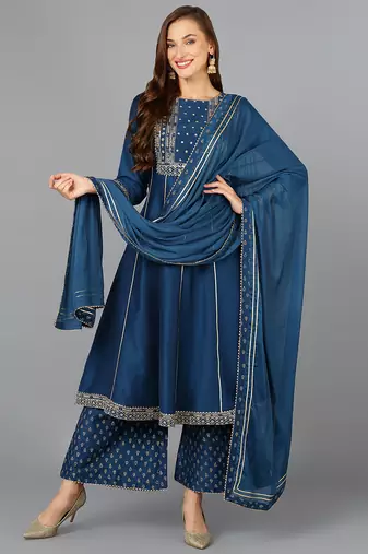 teal color embroidered silk blend styles kurta palazzo with dupatta