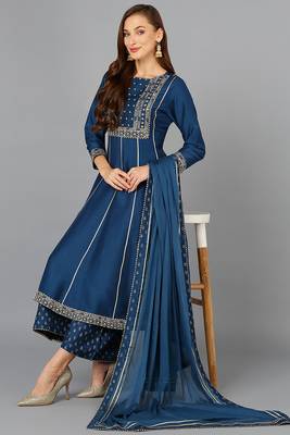 teal color embroidered silk blend styles kurta palazzo with dupatta 7