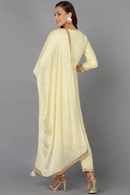 yellow color woven design silk blend styles kurta trouser with dupatta 4