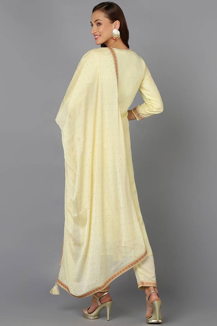 yellow color woven design silk blend styles kurta trouser with dupatta