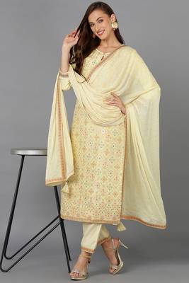 yellow color woven design silk blend styles kurta trouser with dupatta 5