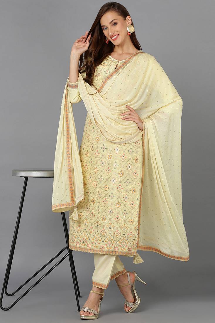 yellow color woven design silk blend styles kurta trouser with dupatta