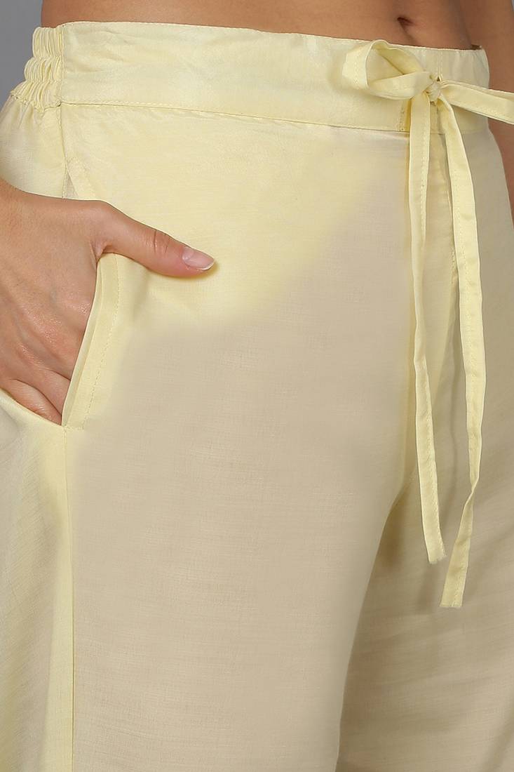 yellow color woven design silk blend styles kurta trouser with dupatta