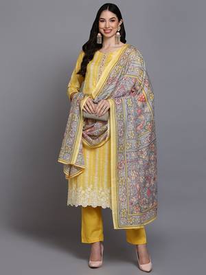 yellow color printed rayon styles kurta trouser with dupatta 1