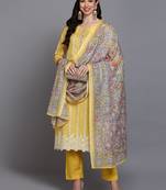 yellow color printed rayon styles kurta trouser with dupatta