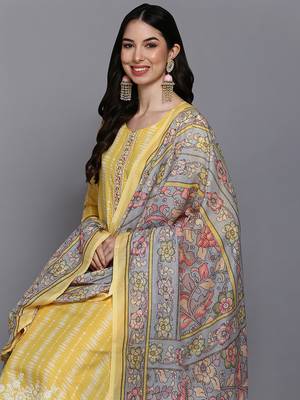 yellow color printed rayon styles kurta trouser with dupatta 2