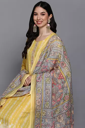 yellow color printed rayon styles kurta trouser with dupatta