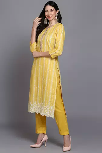 yellow color printed rayon styles kurta trouser with dupatta