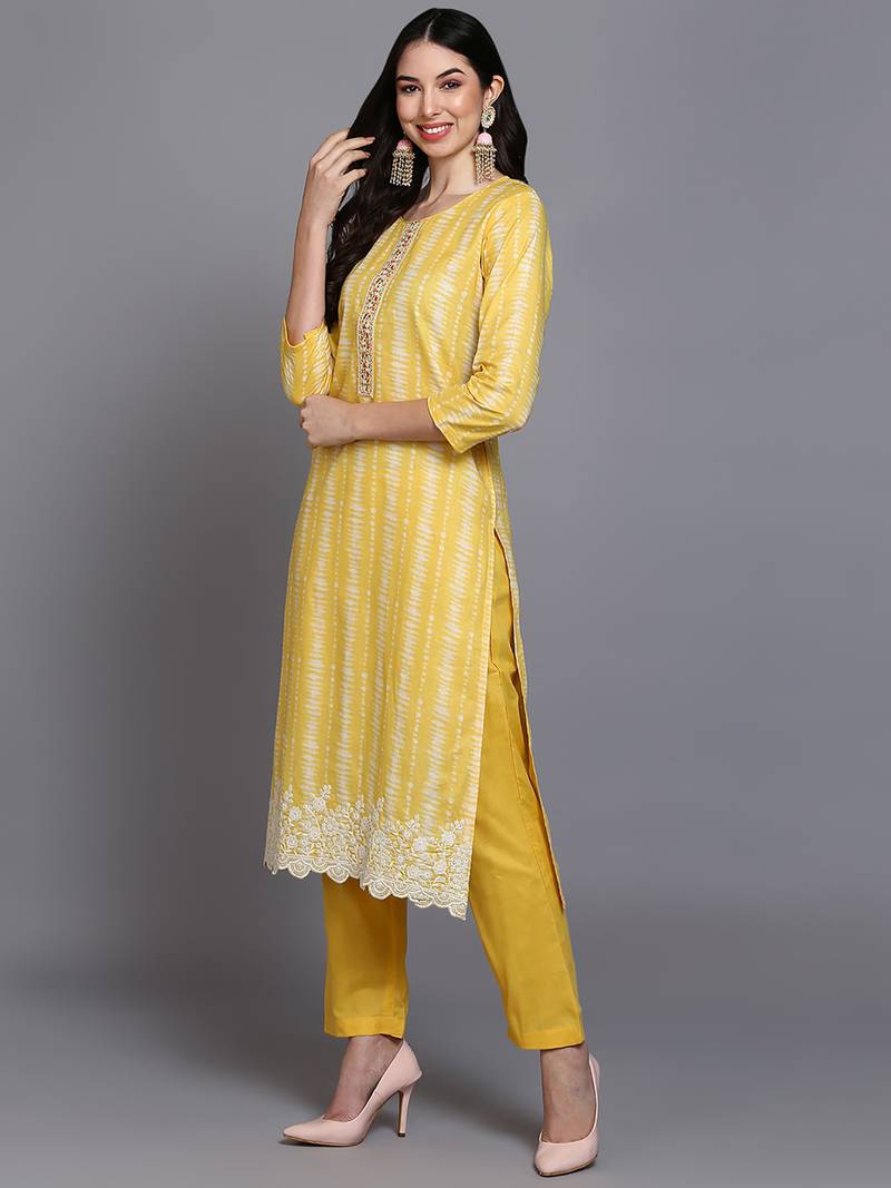 yellow color printed rayon styles kurta trouser with dupatta