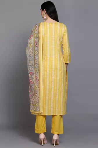 yellow color printed rayon styles kurta trouser with dupatta