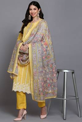 yellow color printed rayon styles kurta trouser with dupatta 7