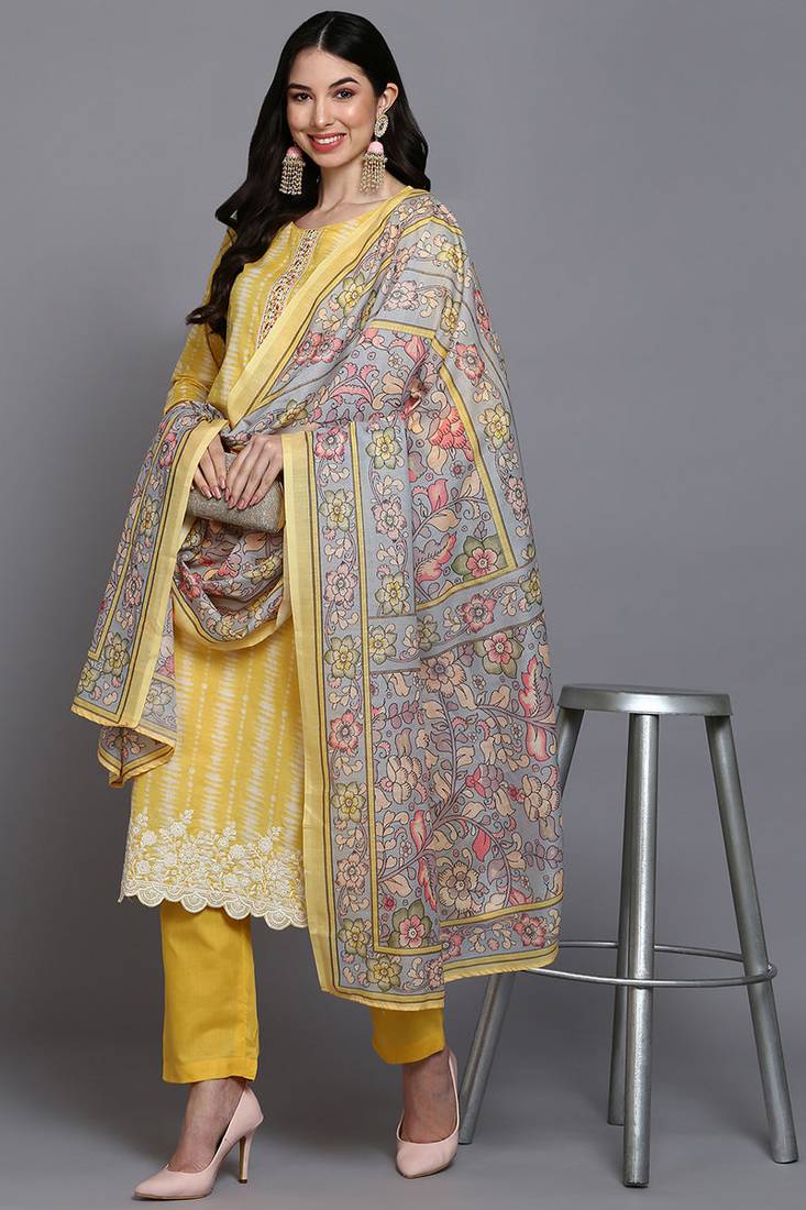 yellow color printed rayon styles kurta trouser with dupatta