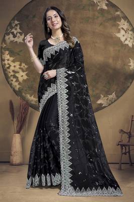 Black Sequence Embroidered Siroski Stone Border Art Silk Saree With Blouse Piece 1