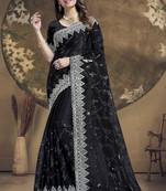 Black Sequence Embroidered Siroski Stone Border Art Silk Saree With Blouse Piece
